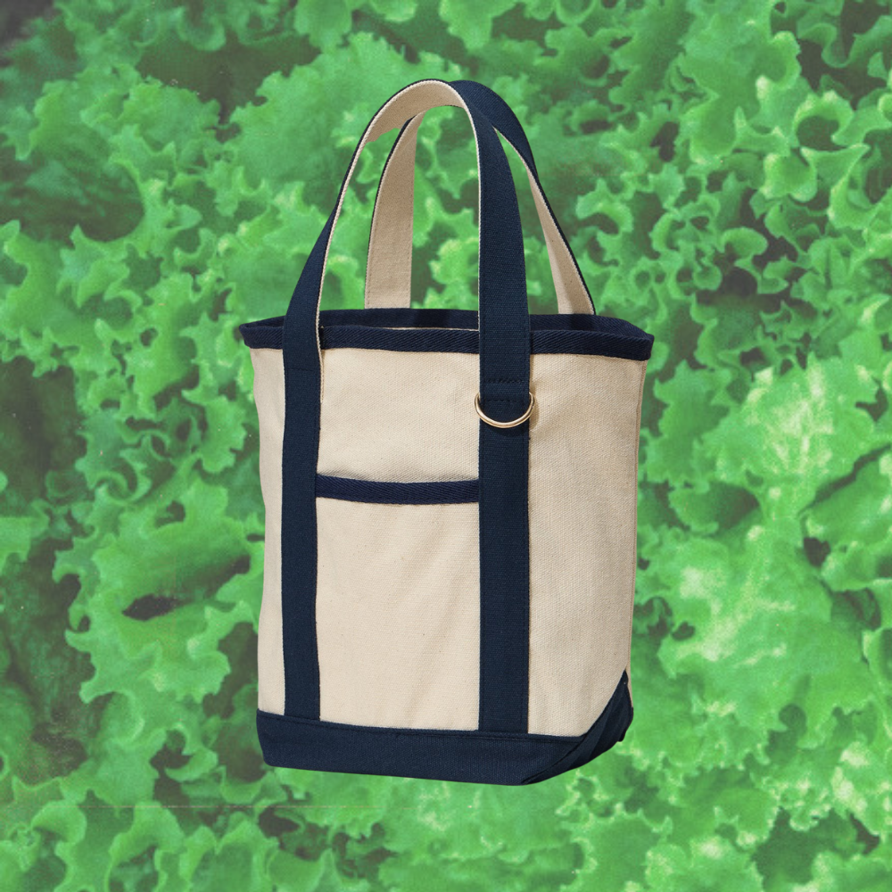 Beige and navy tote bag on a green leafy background